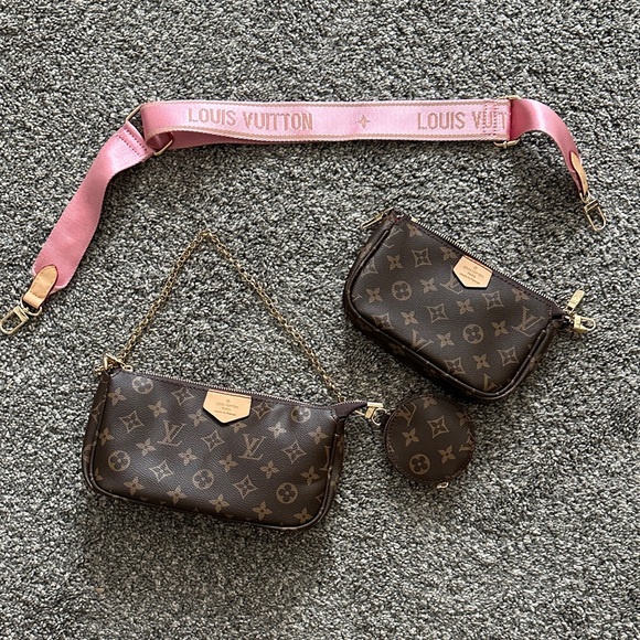 Louis Vuitton Brown Monogram Crossbody Bag Set with Pink Strap - Picture 1 of 1